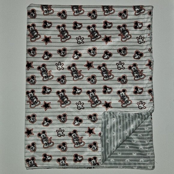 Disney Baby Mickey Mouse Reversible Blanket Red Gray White Stripe Star Hand Head - Picture 1 of 7